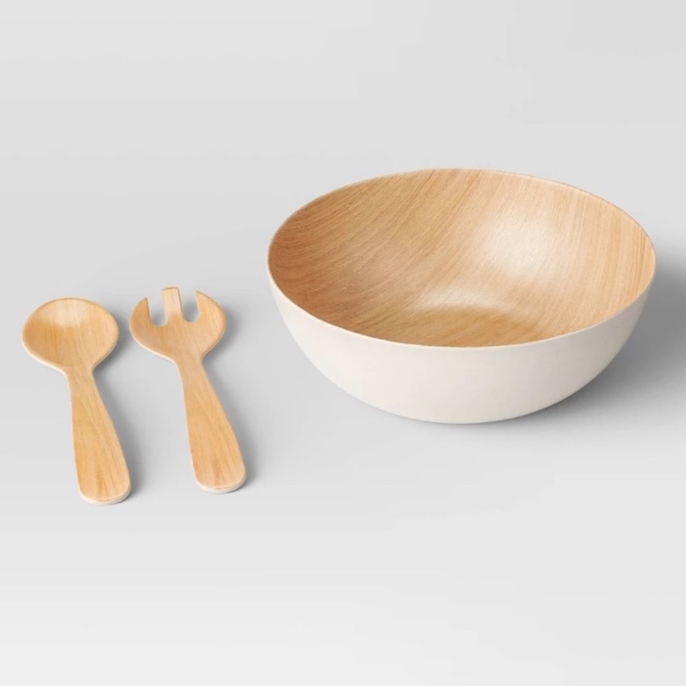 Room Essentials Large Serving Bowl Two Piece Utensil Set Light Beige Faux Wood